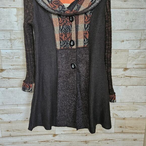 Sioni Sweater Coat Size Medium Cardigan Wool Mohair Brown Boho Cottage Patchwork - Picture 5 of 15